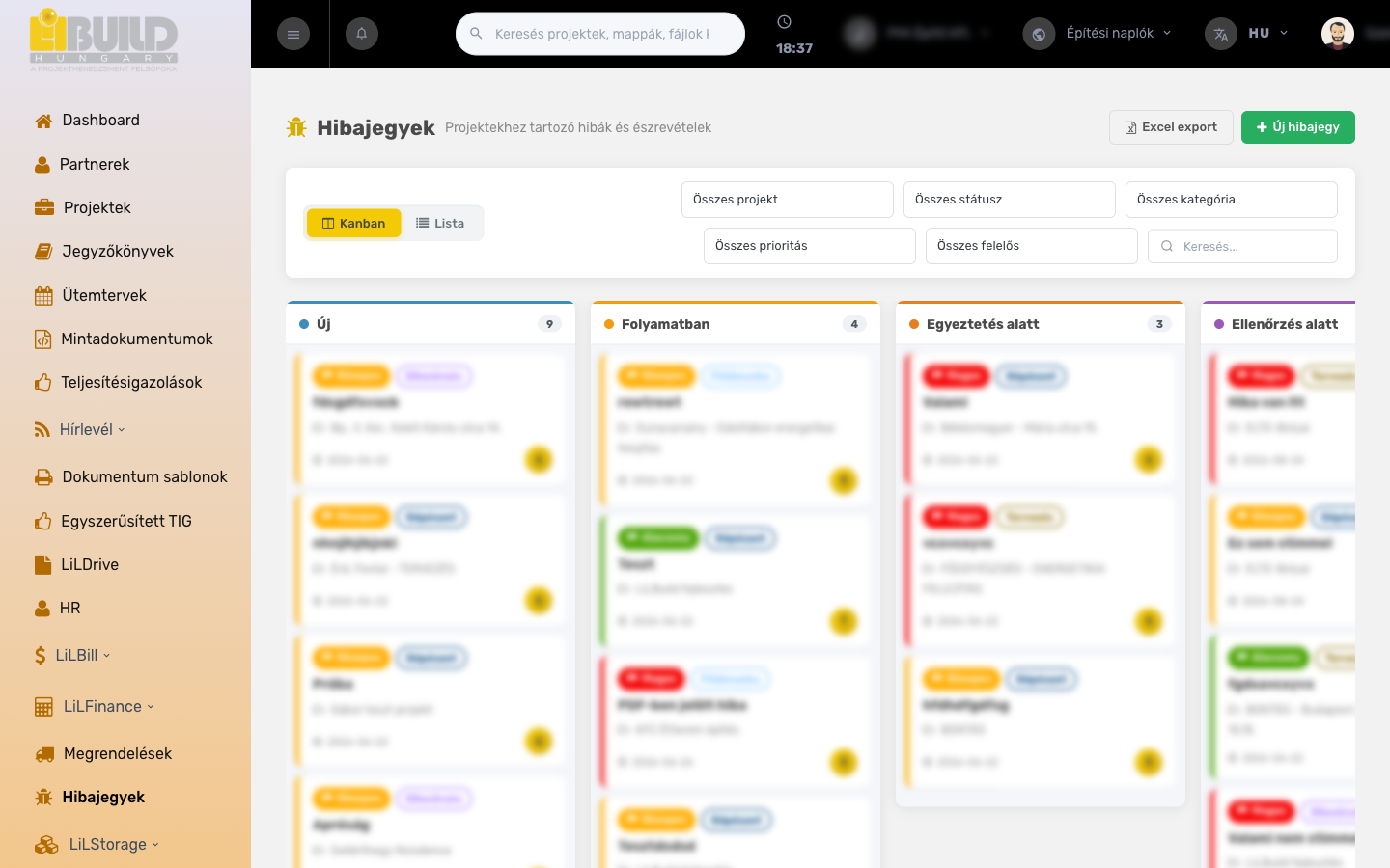 Hibajegyek kanban nézet – státusz-oszlopok kártyákkal, felül a szűrősáv és a Kanban / Lista váltó