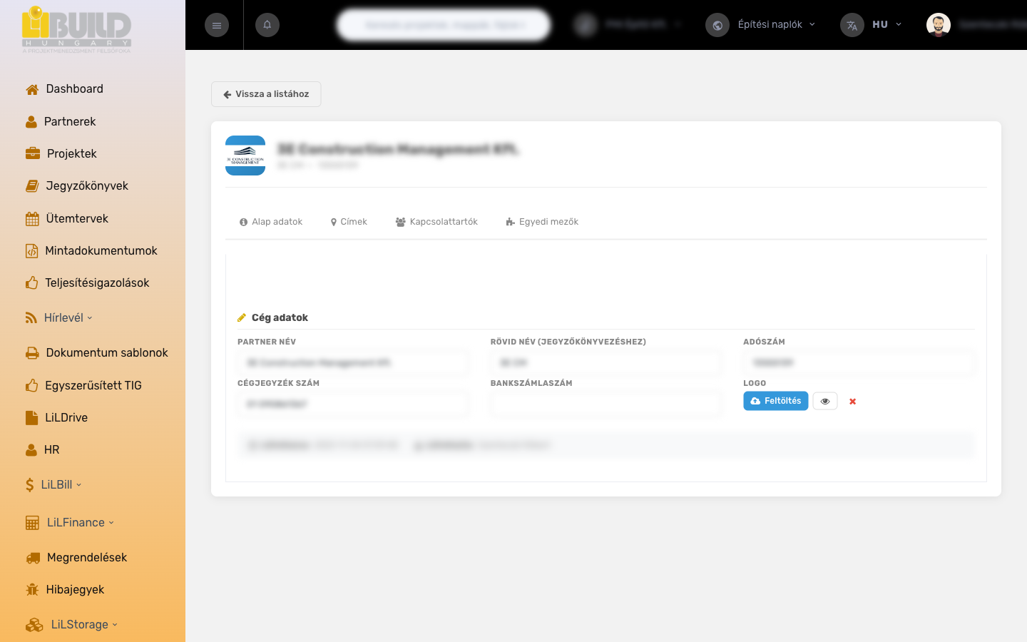 Partner adatlap – Alap adatok szakasz a mezőkkel