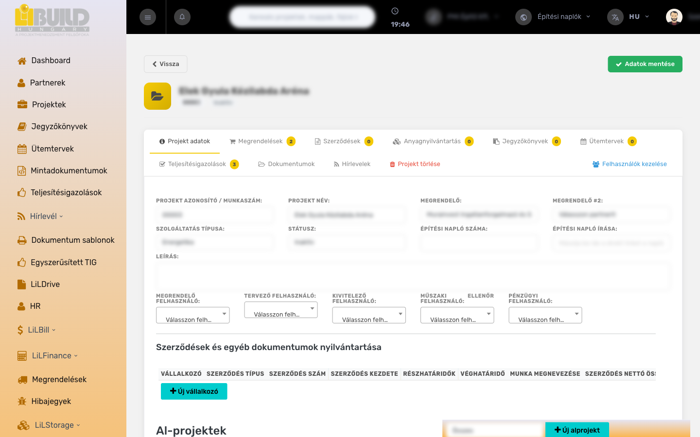 Projekt adatlap – a felső fülsor és a Projekt adatok fül a törzsmezőkkel